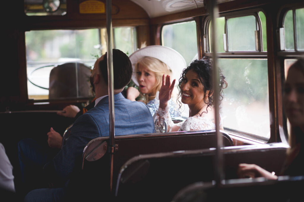 Vintage double decker bus taking wedding party to Blue Piano in Birmingham