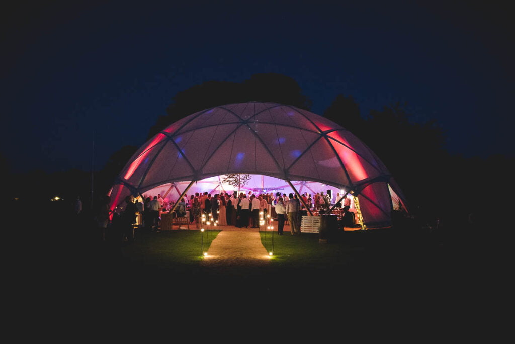 Wedding Geodome lit up at night
