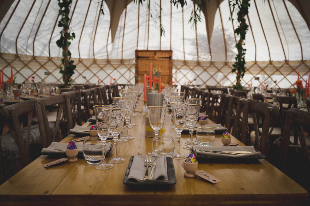 Inside of a yurt at a wedding